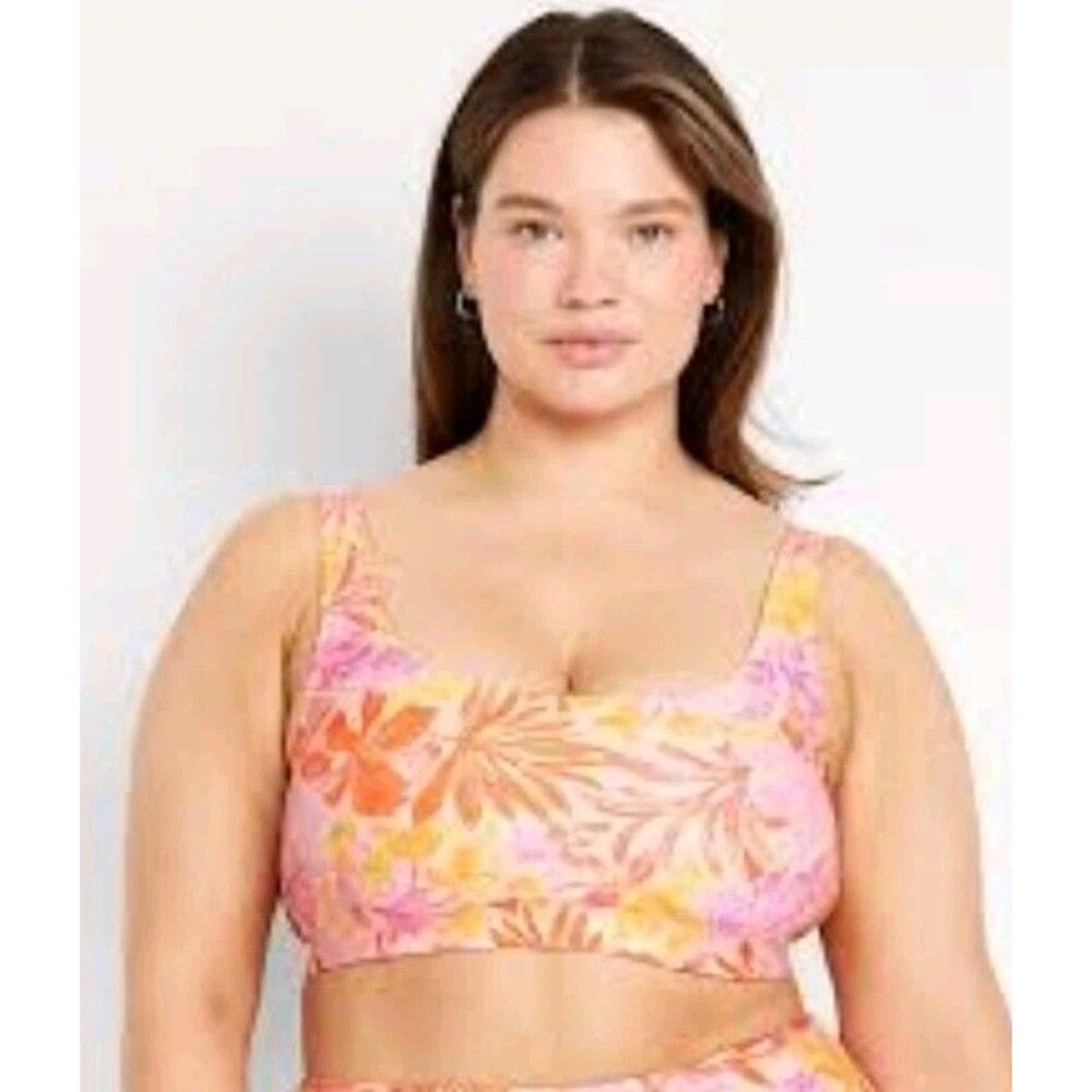 Old Navy Matte Scoop Neck Bikini Top Sz 2X Plus Sz Women  Orange Floral Padded